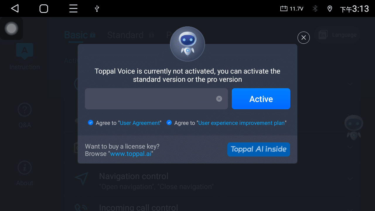 Aktivierungsbildschirm der Toppal Voice-App mit Eingabefeld für den Aktivierungscode